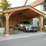 Carport en bois abritant une voiture devant une maison