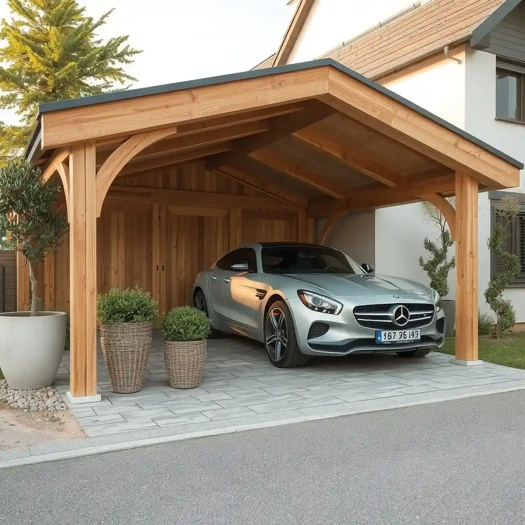 Carport en bois abritant une voiture devant une maison