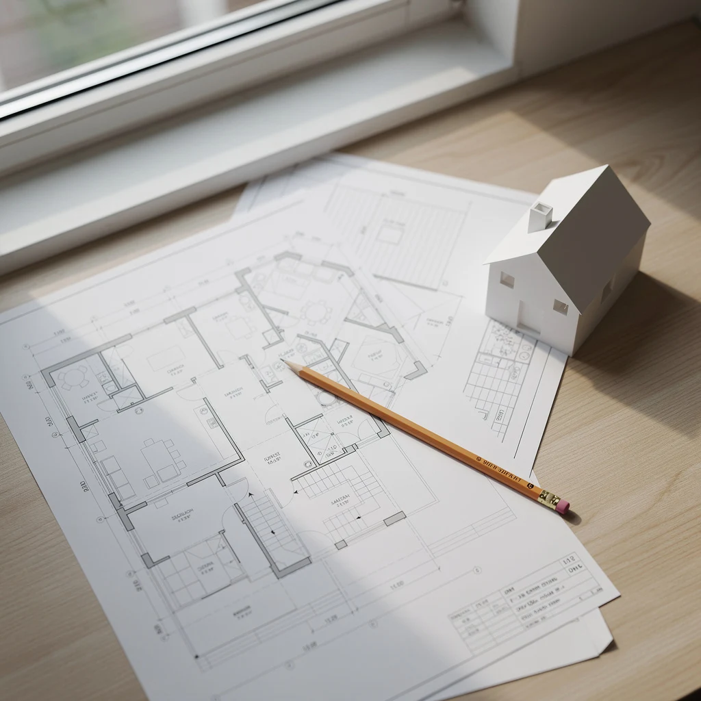 Plans et maquette de maison sur table